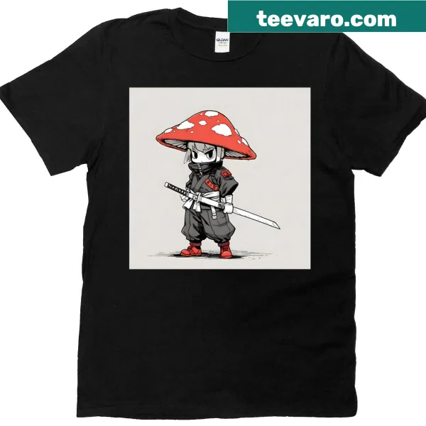 Illustrated mushroom ninja character t-shirt with red hat and sword.