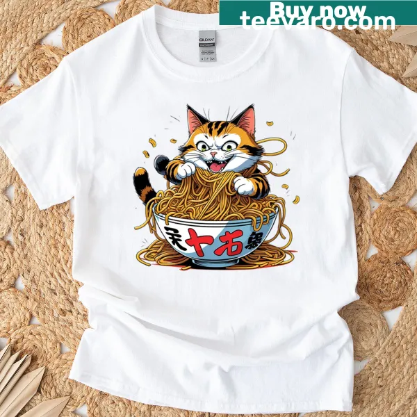 Cute T-shirt featuring a cat in a bowl of noodles illustration