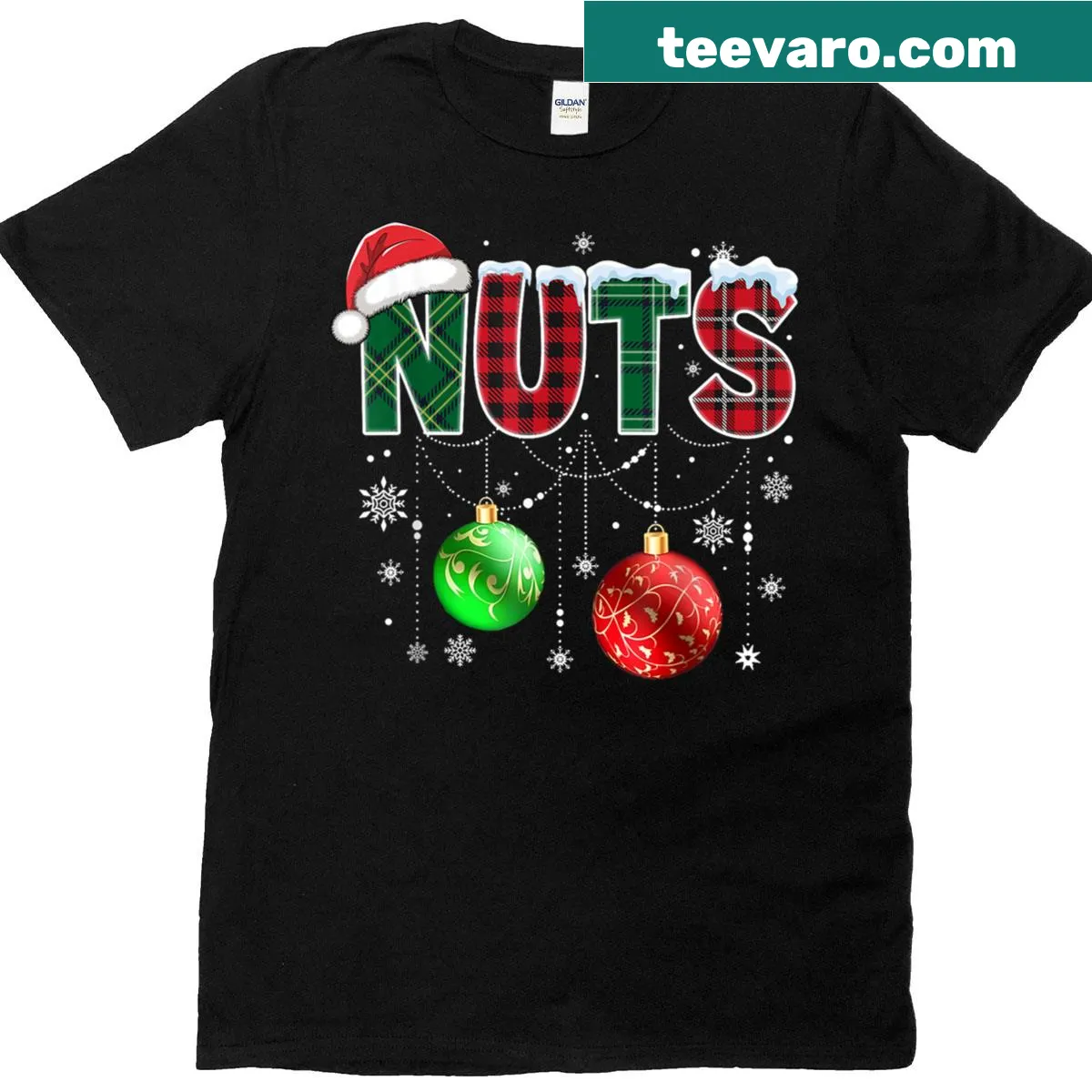 Funny Christmas t-shirt with 'Nuts' text for couples — on a men's t-shirt