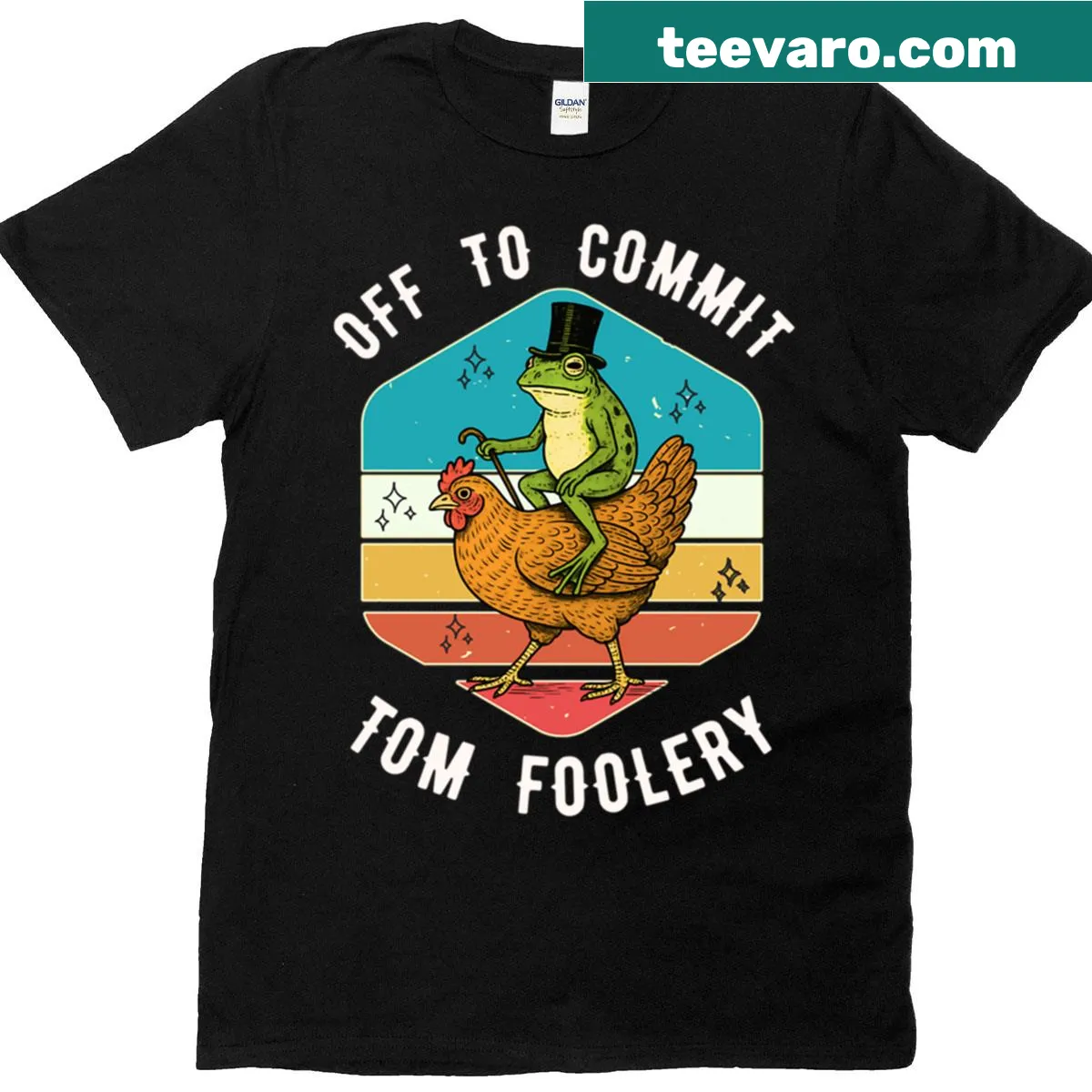 Oversized t-shirt with a frog riding a chicken in a funny design — on a men's t-shirt