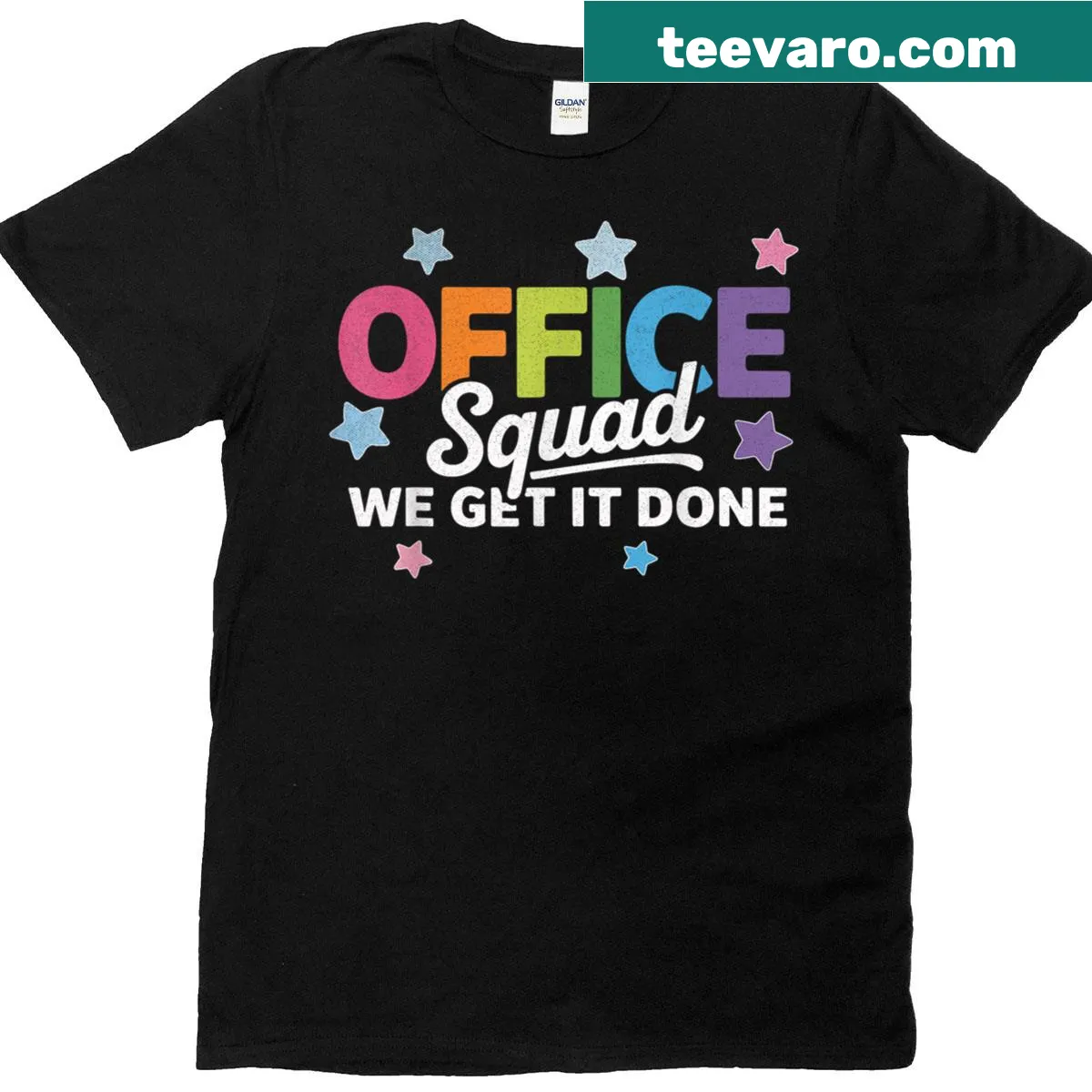 Illustrated t-shirt with 'Office Squad We Get It Done' text — on a men's t-shirt