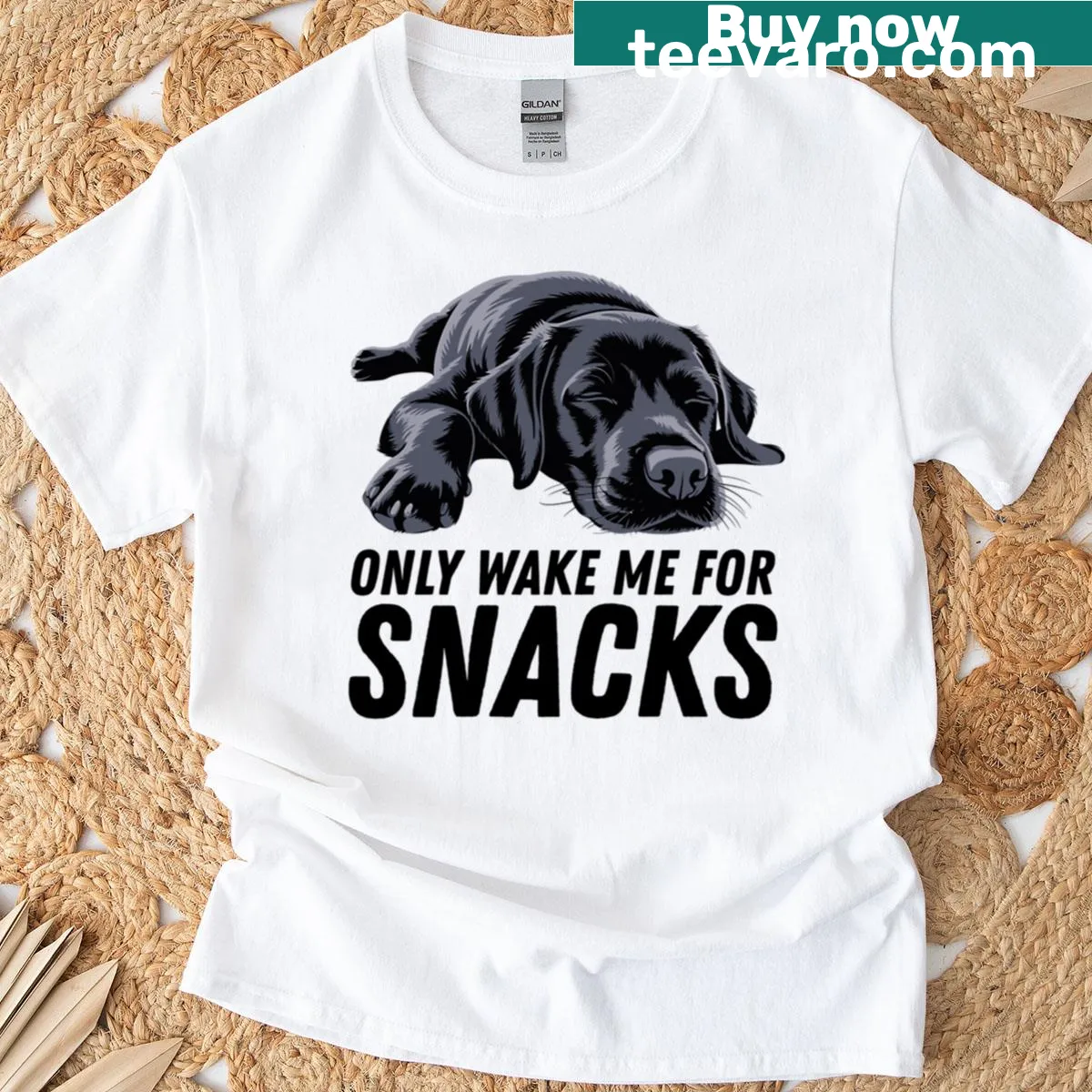Illustration of a black Labrador dog with the text about snacks — on a men's t-shirt