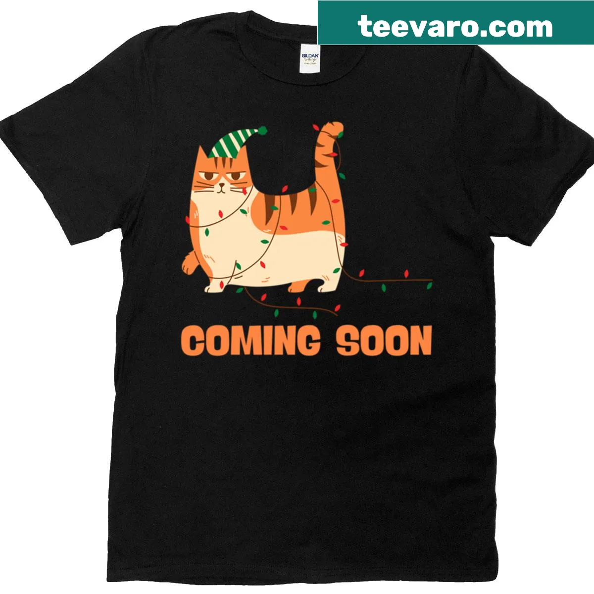 Orange cat in a Santa hat with holiday elements design — on a men's t-shirt