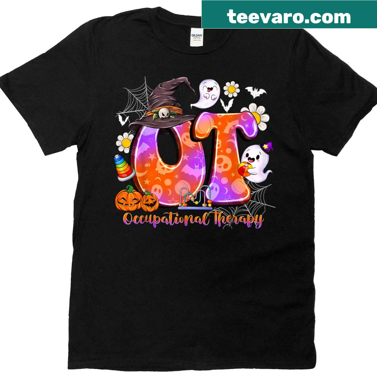Floral witch and ghost Halloween illustration on t-shirt — on a men's t-shirt