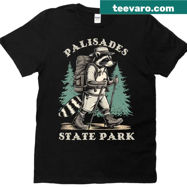 Illustration of a raccoon with a backpack on a hiking T-shirt