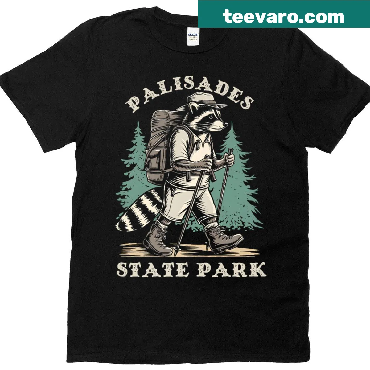 Illustration of a raccoon with a backpack on a hiking T-shirt — on a men's t-shirt