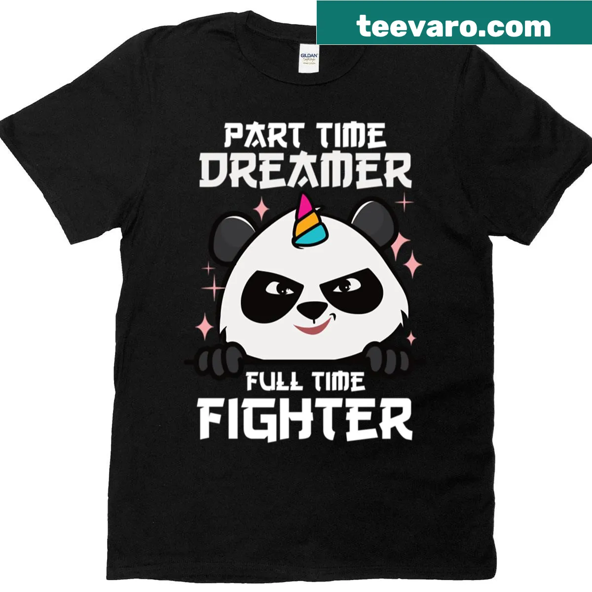 T-shirt featuring a unicorn ninja panda design with the phrase Part Time Dreamer Full Time Fighter — on a men's t-shirt