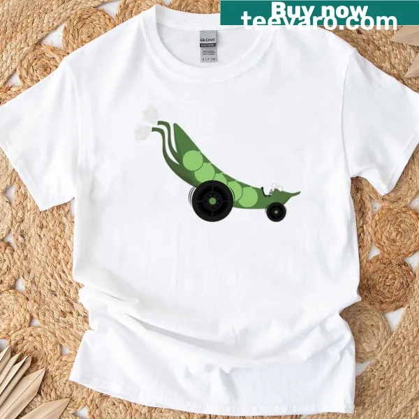Cartoon pea pod race car design on a t-shirt