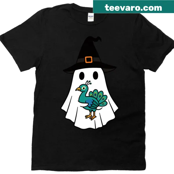 Cute oversized peacock in witch hat Halloween t-shirt for kids