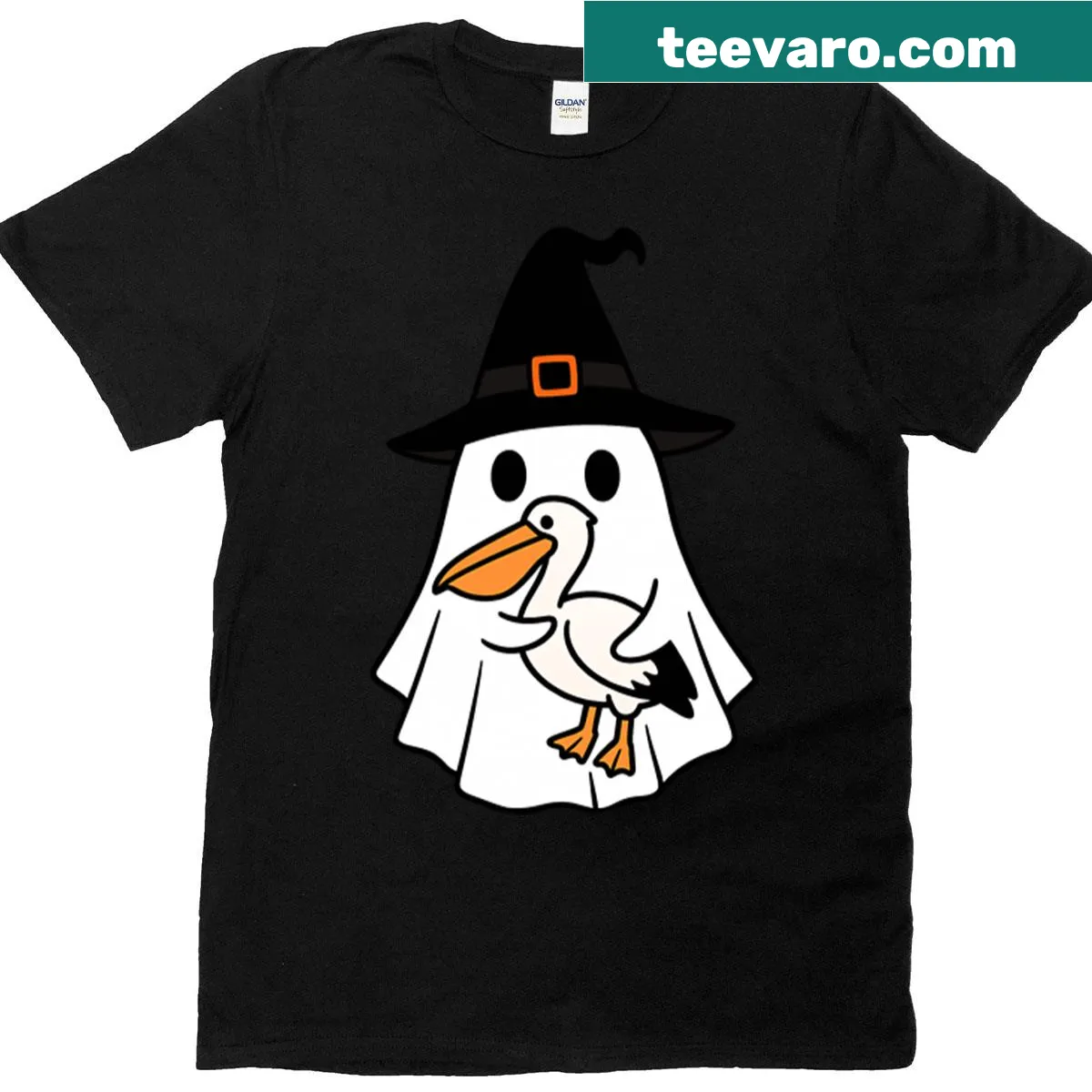 Cute pelican in a witch hat graphic for Halloween kids t-shirt — on a men's t-shirt
