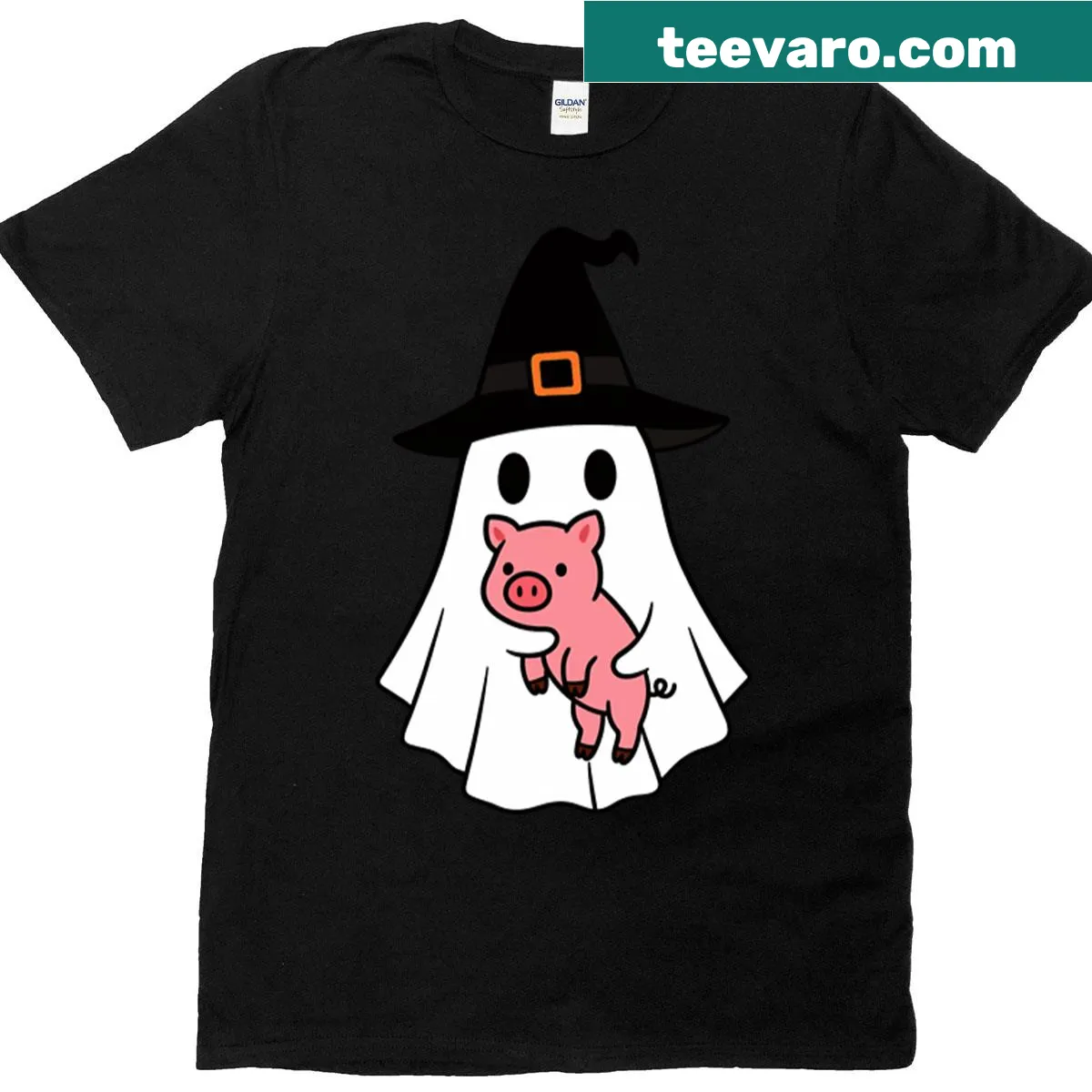 Cute pig in a witch hat Halloween t-shirt for kids — on a men's t-shirt