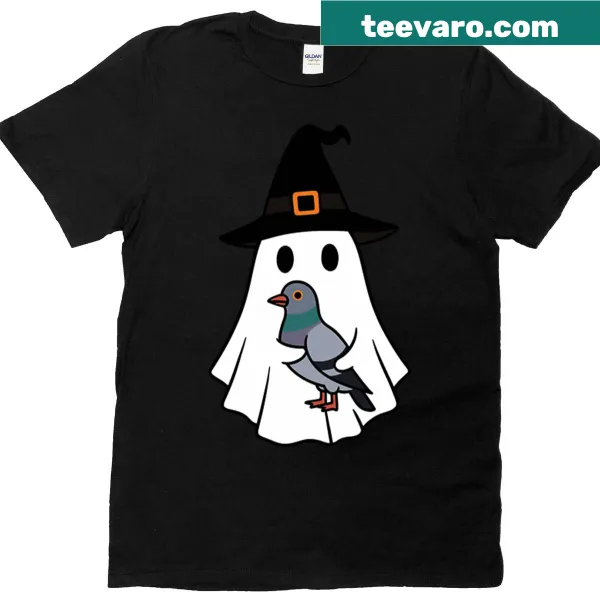 Kids t-shirt featuring a pigeon in a ghost witch hat