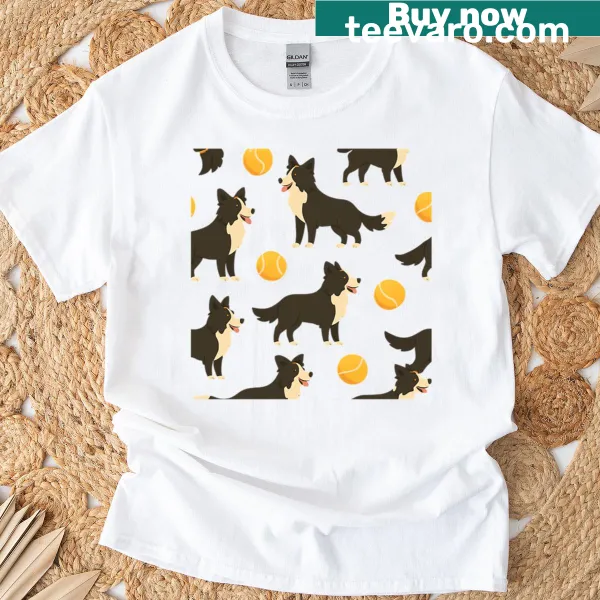 Illustrated T-shirt with playful Border Collies and tennis balls