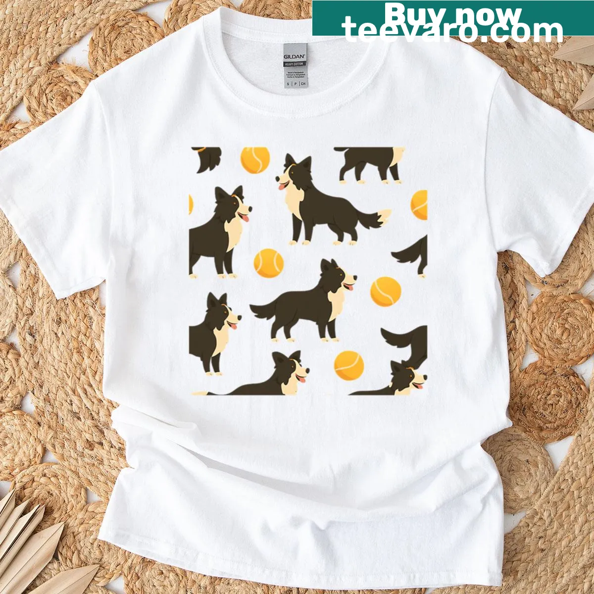 Illustrated T-shirt with playful Border Collies and tennis balls — on a men's t-shirt