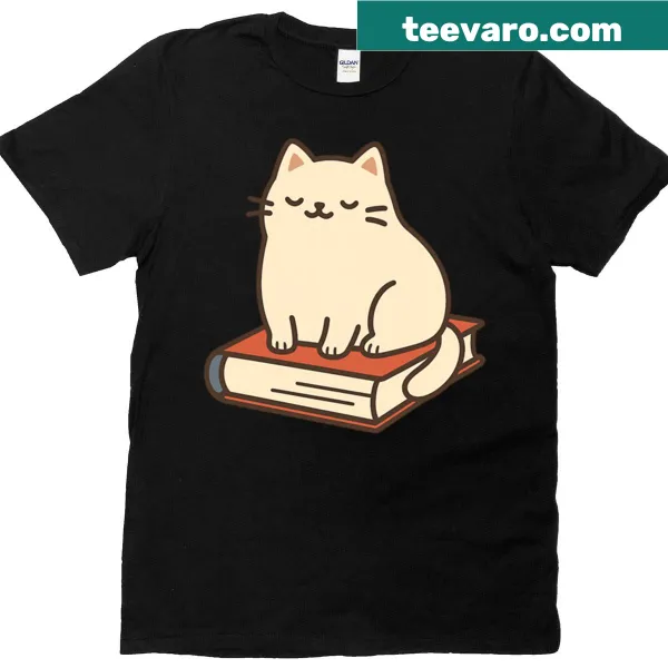 Illustration of a plump cat sitting in a box on a t-shirt