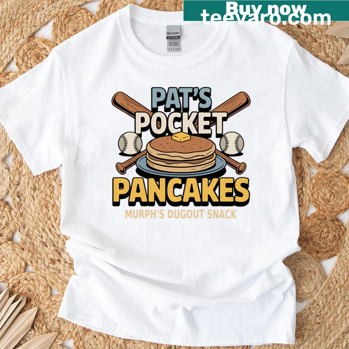 Oversized T-shirt with humorous baseball coach and pancake graphic — on a men's t-shirt