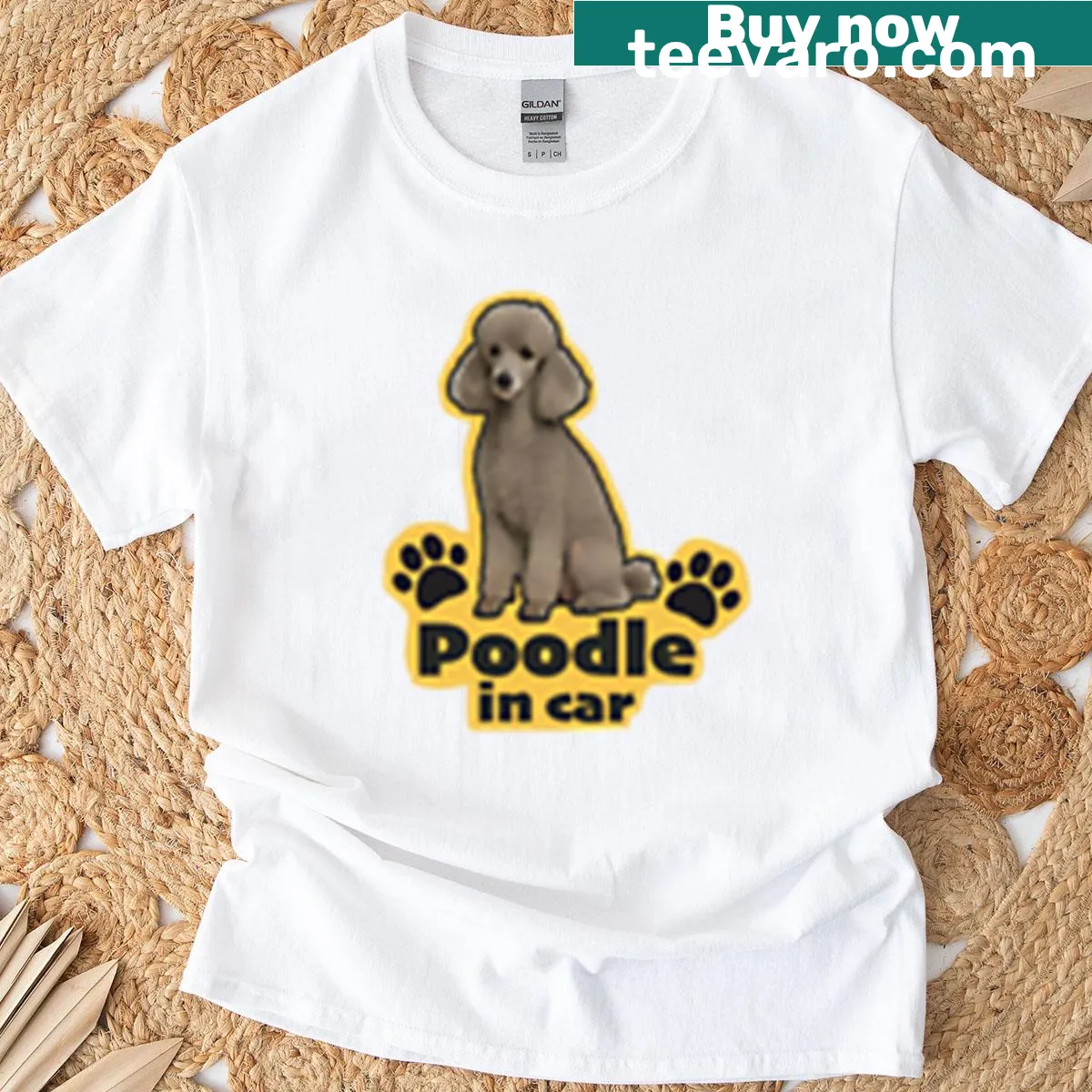 T-shirt featuring a cute poodle graphic in a car — on a men's t-shirt