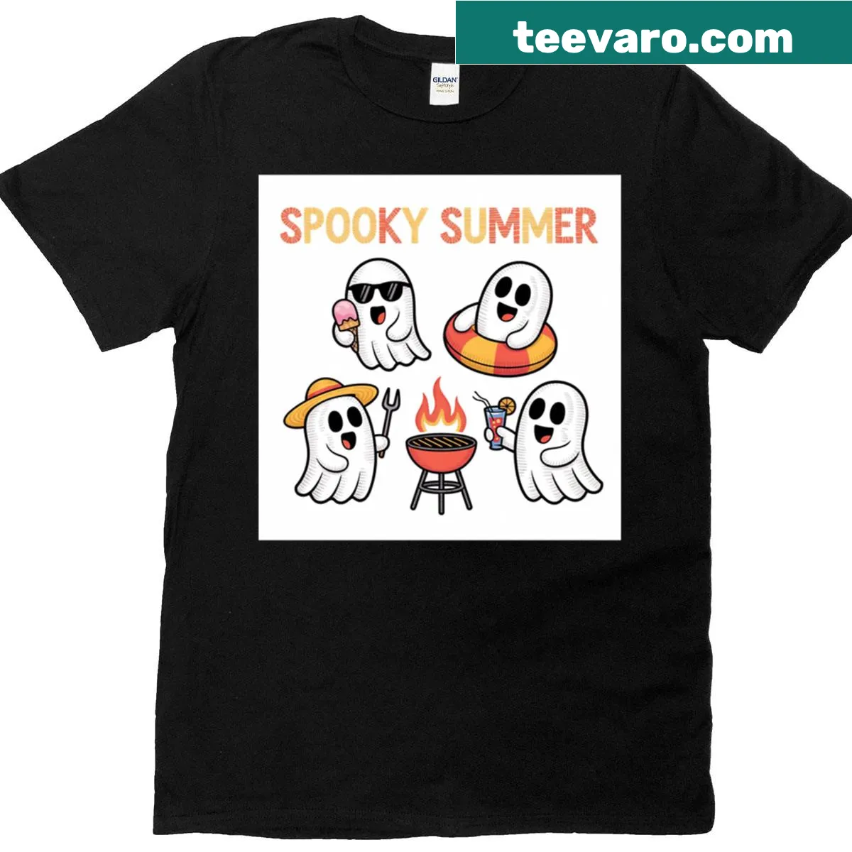 Cute Halloween T-shirt with playful summer-themed ghost illustrations — on a men's t-shirt