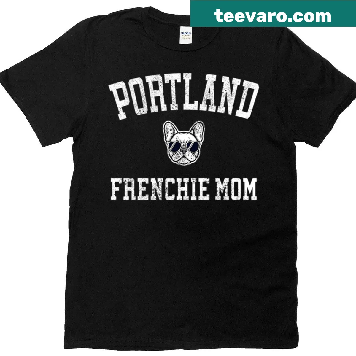 Cute Portland Frenchie Mom t-shirt featuring adorable bulldogs — on a men's t-shirt