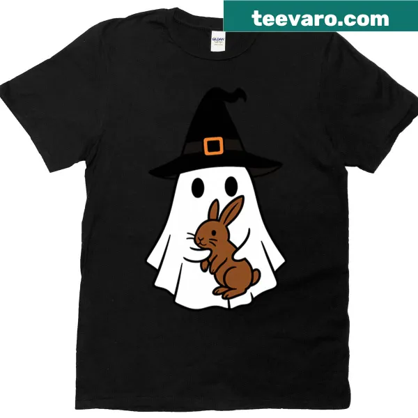Rabbit wearing a witch hat with a ghost design on a kids T-shirt