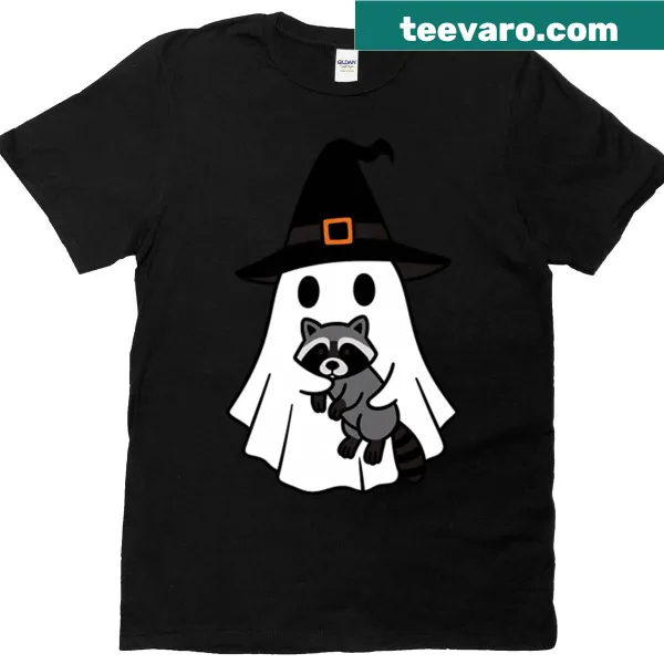 Cute raccoon ghost with witch hat on a Halloween kids T-shirt