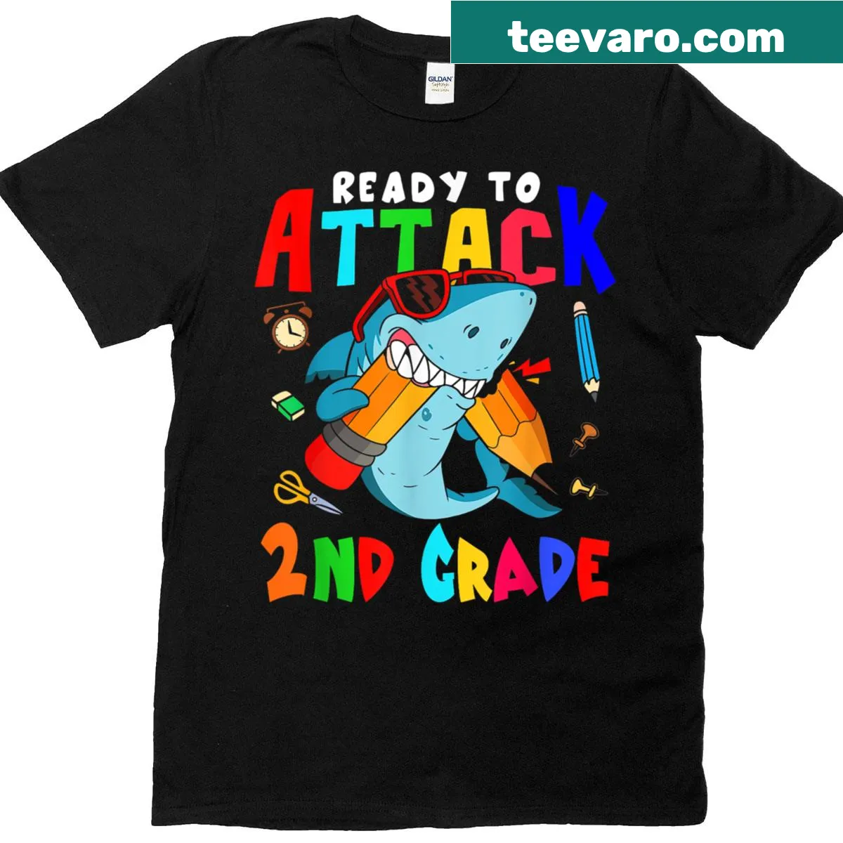 Illustrated T-shirt for second-grade teachers featuring a shark design — on a men's t-shirt