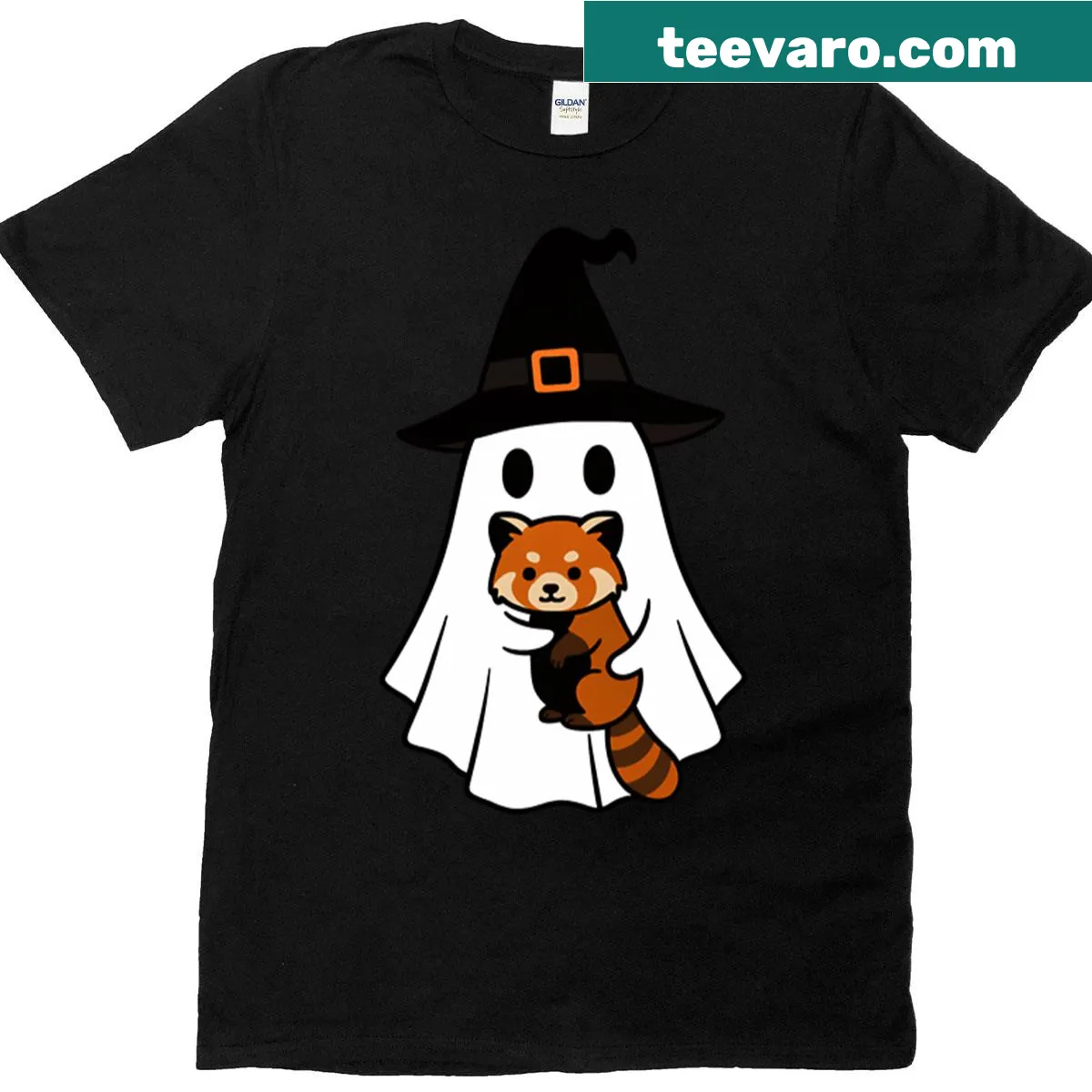 Adorable red panda in a witch hat with ghost for Halloween kids t-shirt — on a men's t-shirt