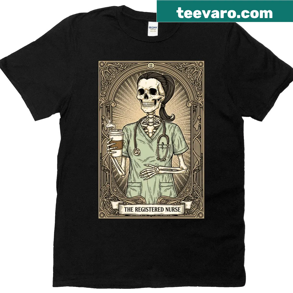 Funny skeleton nurse tarot card graphic t-shirt for nurses — on a men's t-shirt