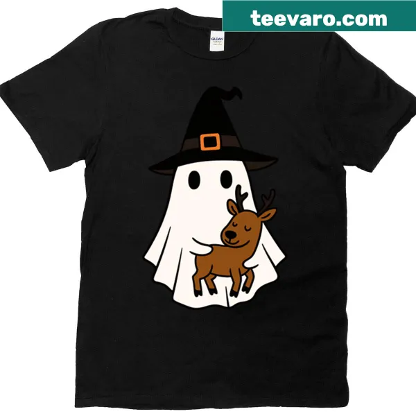 Cute Halloween t-shirt featuring a reindeer with a witch hat
