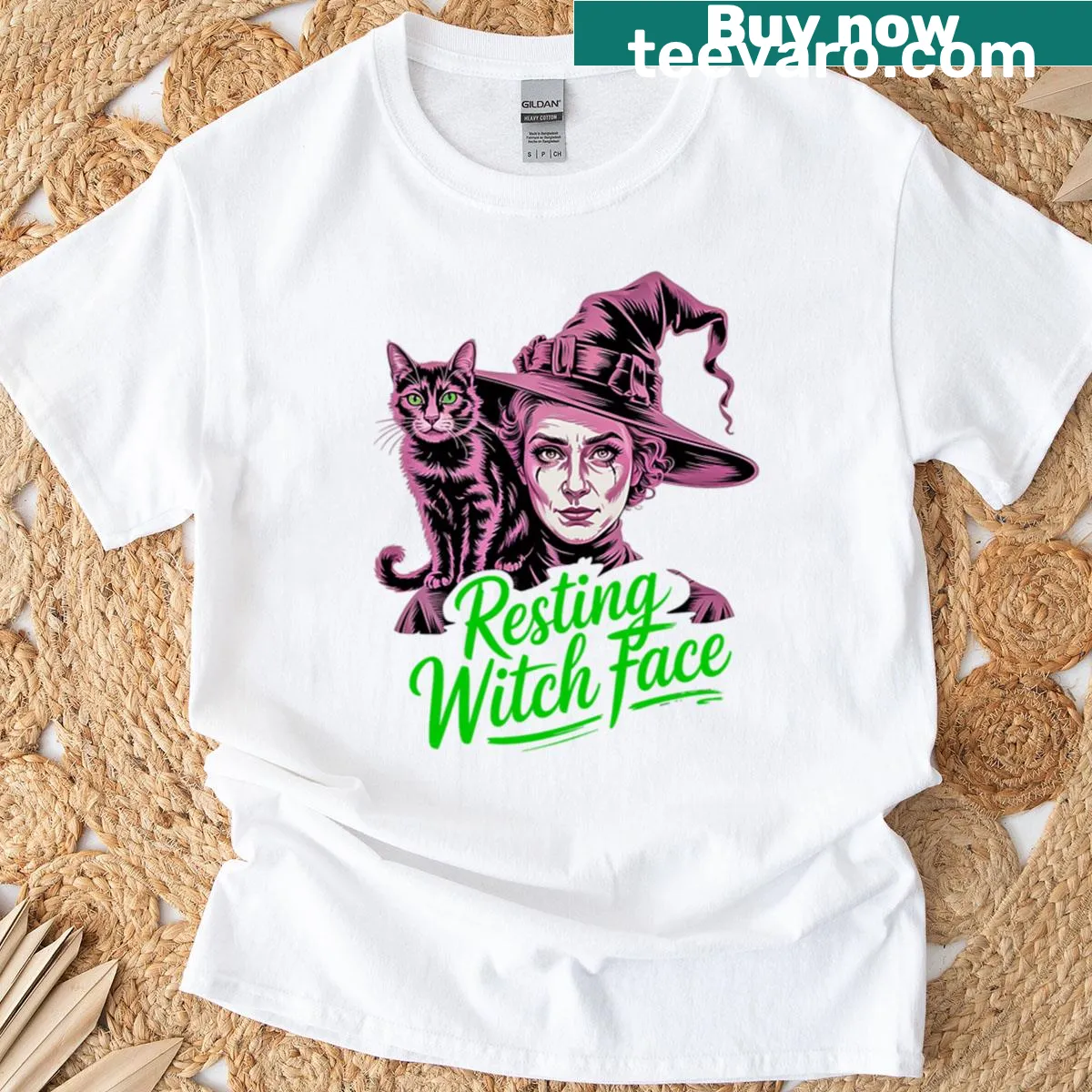 Illustration of a cat woman with 'Resting Witch Face' on a t-shirt — on a men's t-shirt
