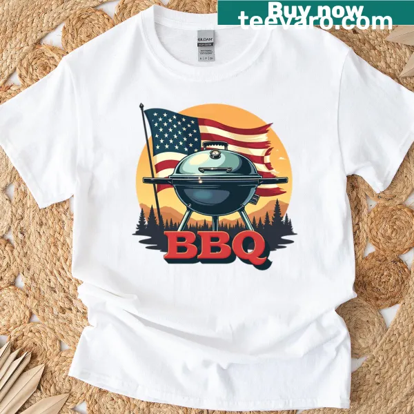 Vintage-style Labor Day BBQ T-shirt with grill and USA flag