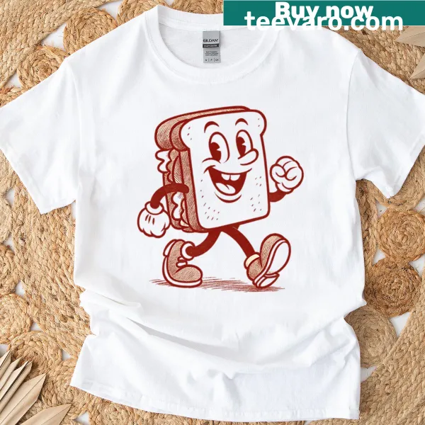 Retro sandwich illustration with a happy expression on a t-shirt
