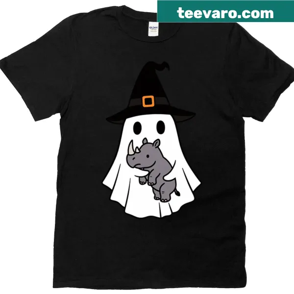 Cute cartoon rhino in ghost witch hat for kids' Halloween shirt.