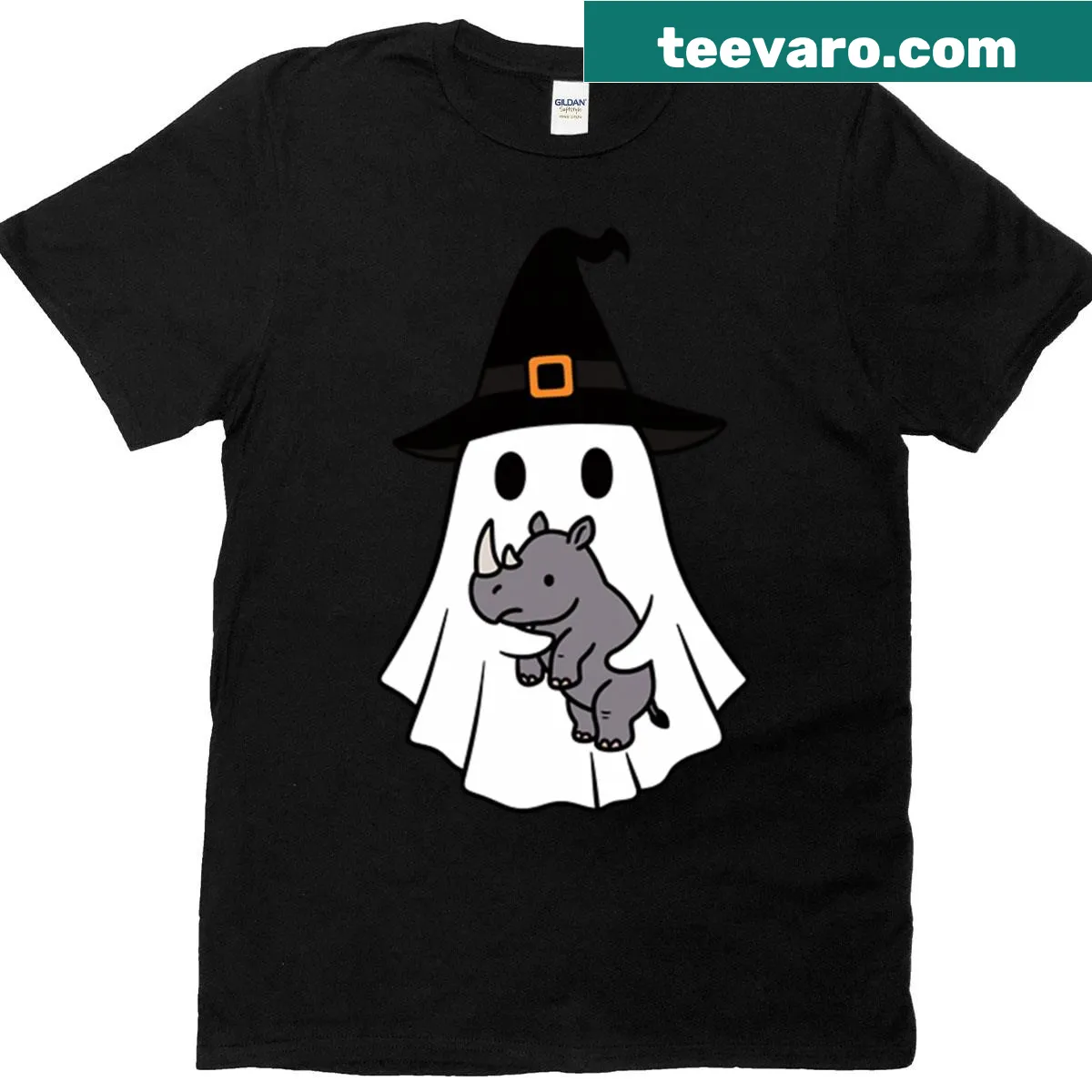 Cute cartoon rhino in ghost witch hat for kids' Halloween shirt. — on a men's t-shirt