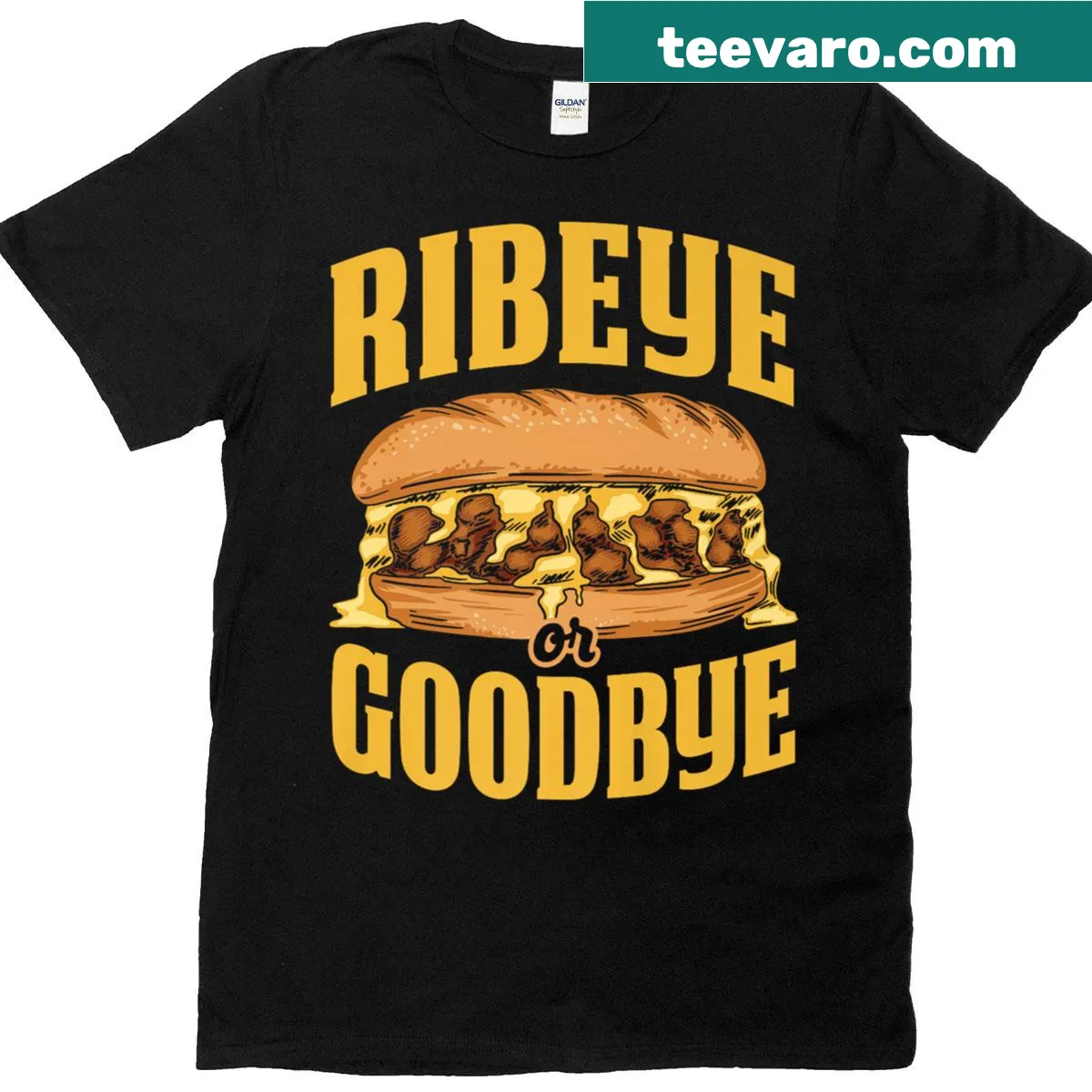 Funny food-themed t-shirt with ribeye slogan — on a men's t-shirt