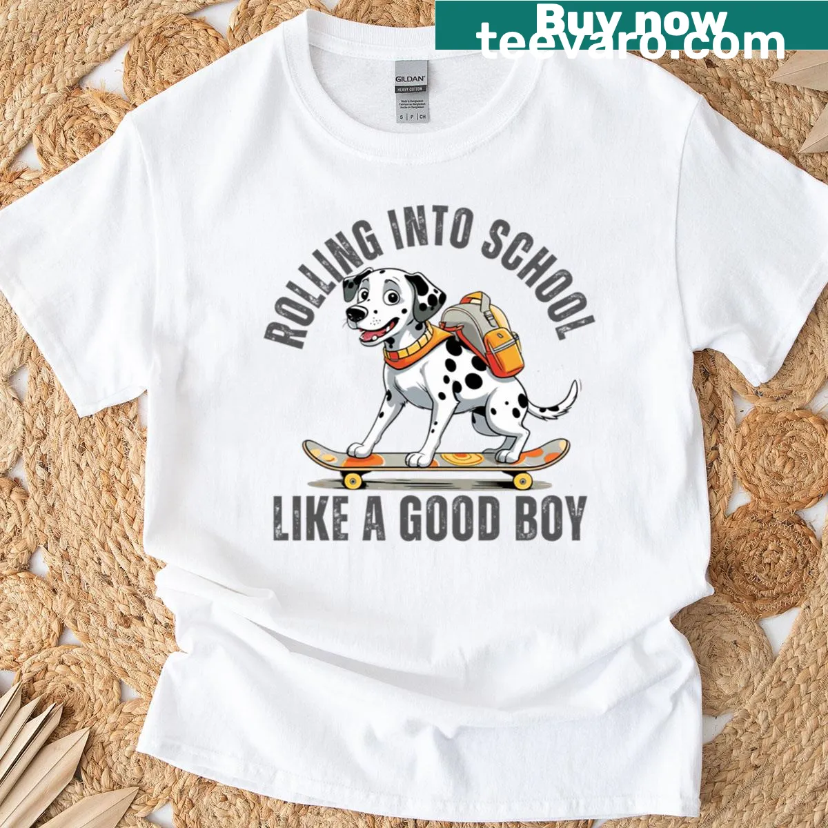 T-shirt with Rolling Into School Like A Good Boy phrase in bold — on a men's t-shirt