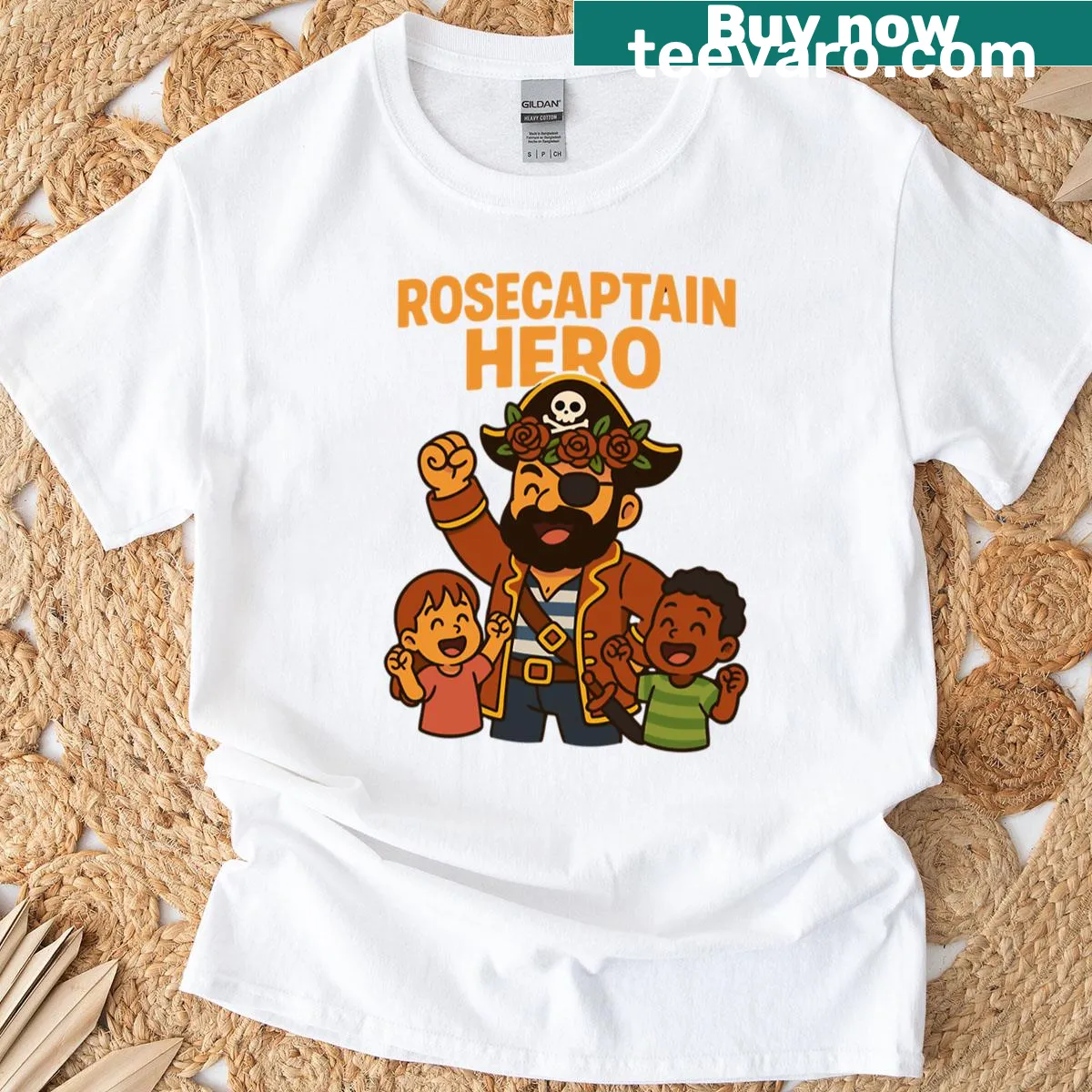 Cute cartoon pirate captain graphic on T-shirt — on a men's t-shirt