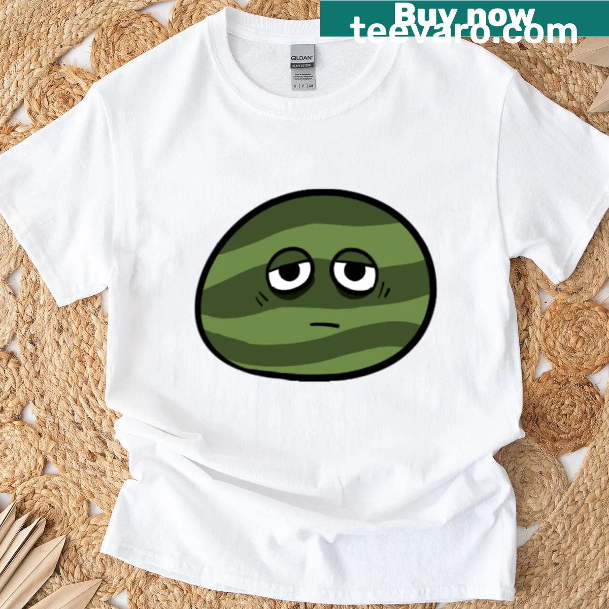 Funny cartoon-style t-shirt featuring a sad watermelon — on a men's t-shirt