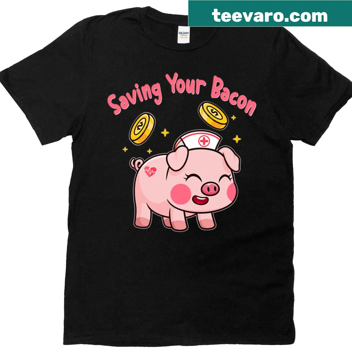 Cute oversized T-shirt for nurses with pig design saving bacon — on a men's t-shirt