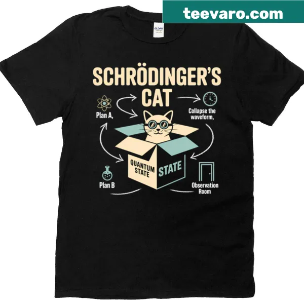 Schrödinger's cat escape plan graphic on a humorous T-shirt