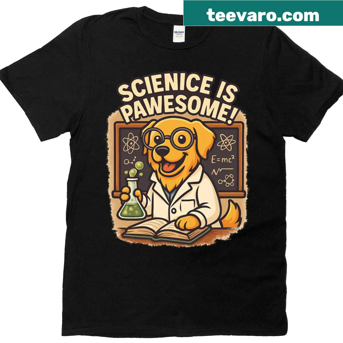 Text 'Science Is Pawesome' in playful typography — on a men's t-shirt