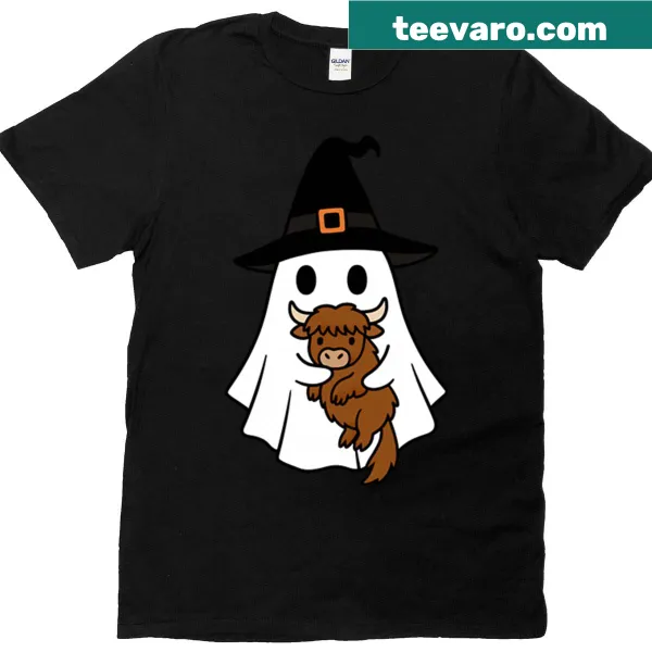 Cute Highland cow ghost with witch hat on a Halloween kids T-shirt