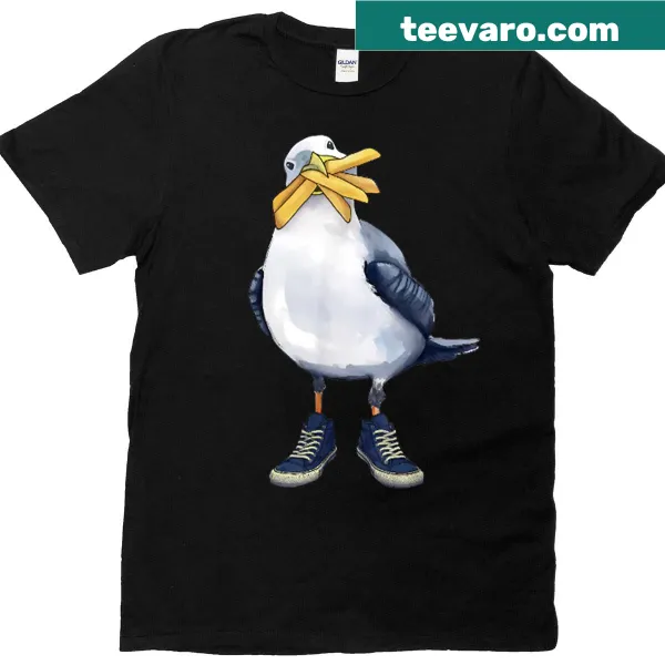 Cartoon seagull with fries and sneakers on a t-shirt