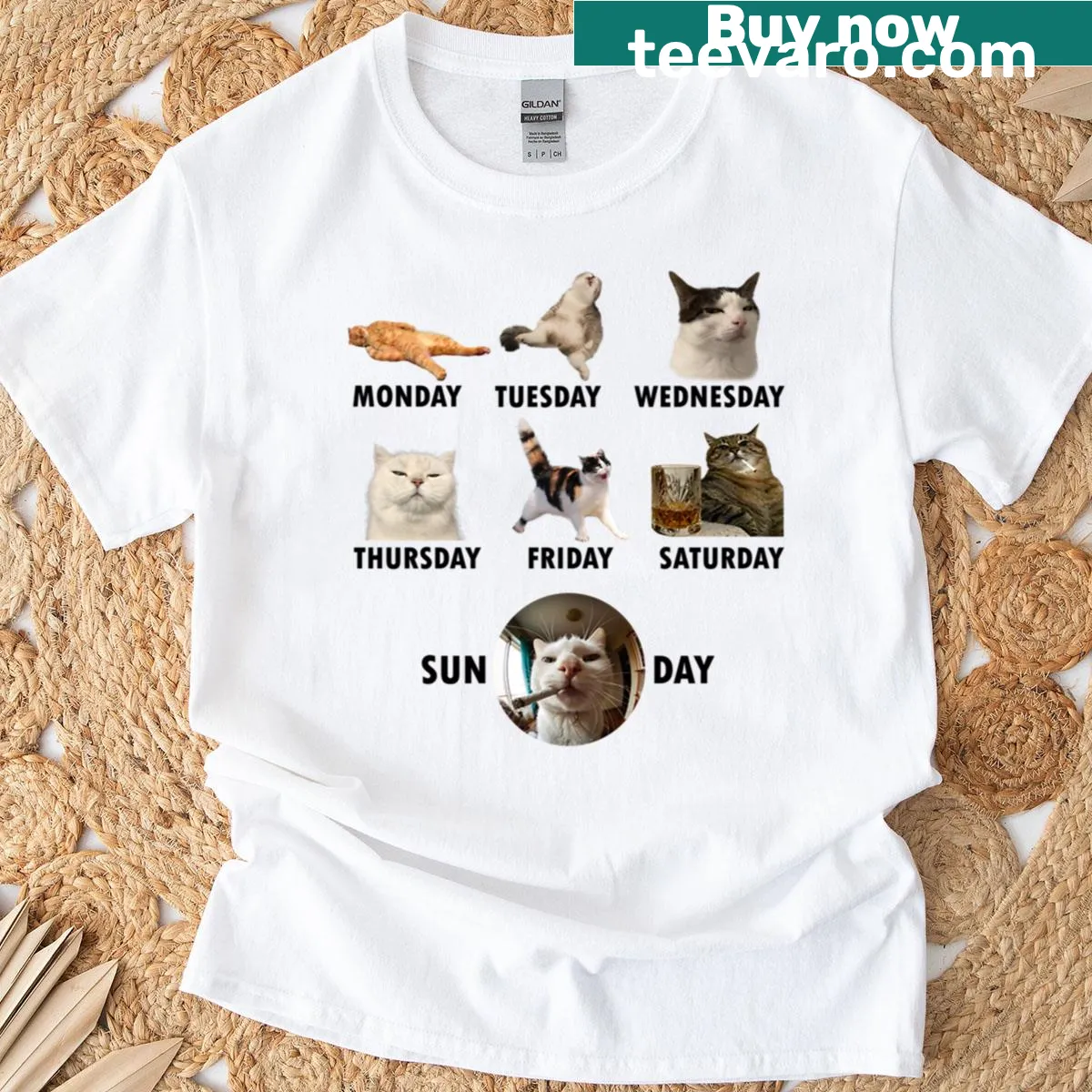 Illustrated cats representing different moods for each day of the week — on a men's t-shirt