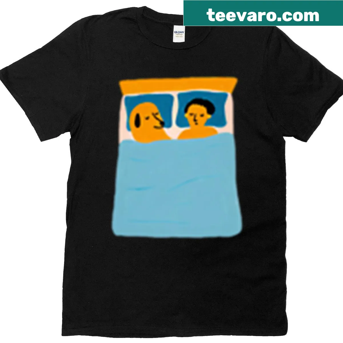 Humorous t-shirt about sharing a bed with a dog — on a men's t-shirt