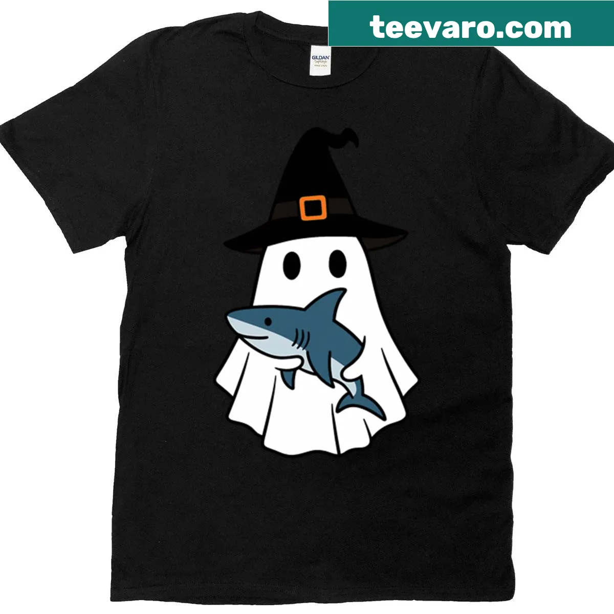 Cute shark in ghost witch hat for kids' Halloween shirt. — on a men's t-shirt
