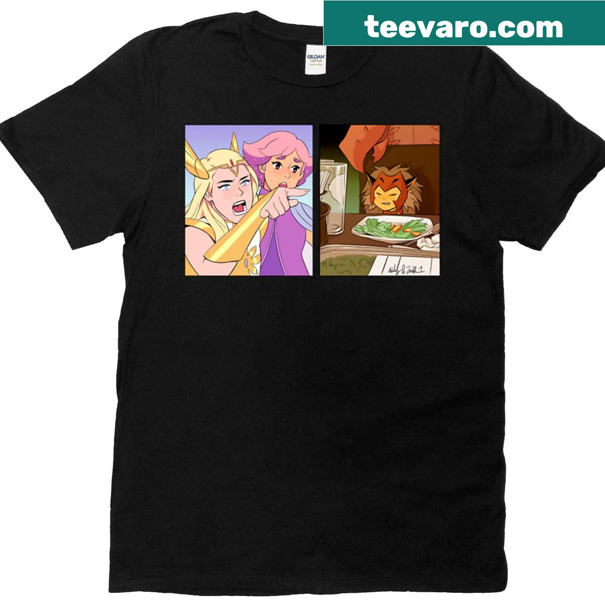 Cartoon t-shirt featuring She-ra yelling at Catra meme — on a men's t-shirt