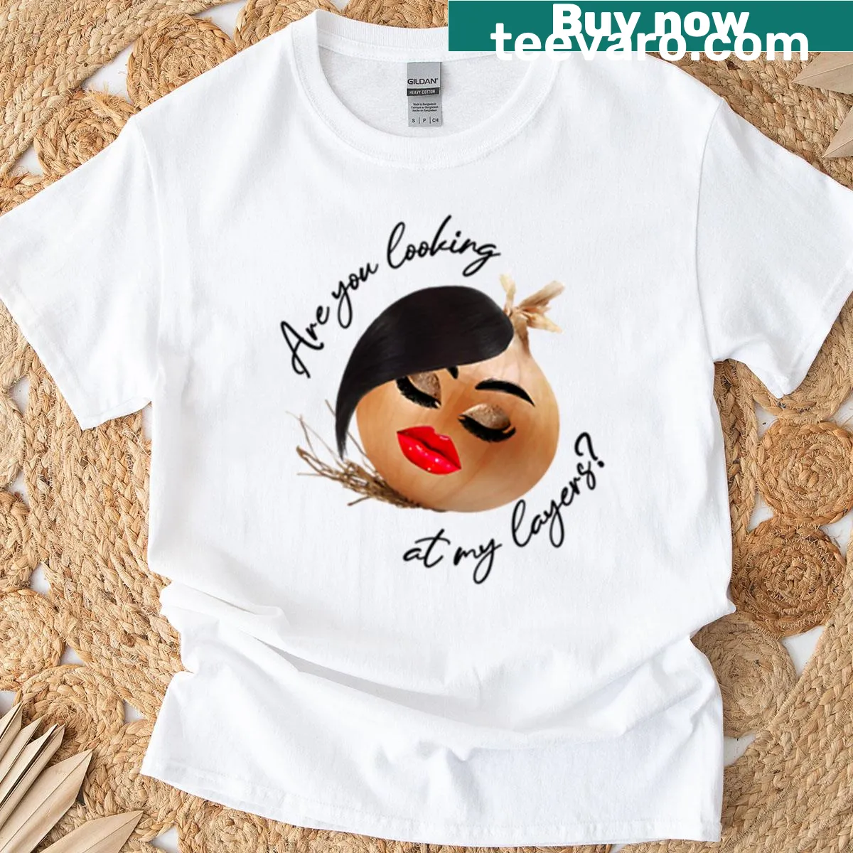 Oversized T-shirt featuring Shrek onion layers and playful text — on a men's t-shirt