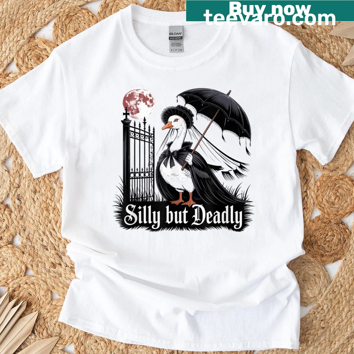 Gothic goose Halloween t-shirt with a silly yet spooky design — on a men's t-shirt