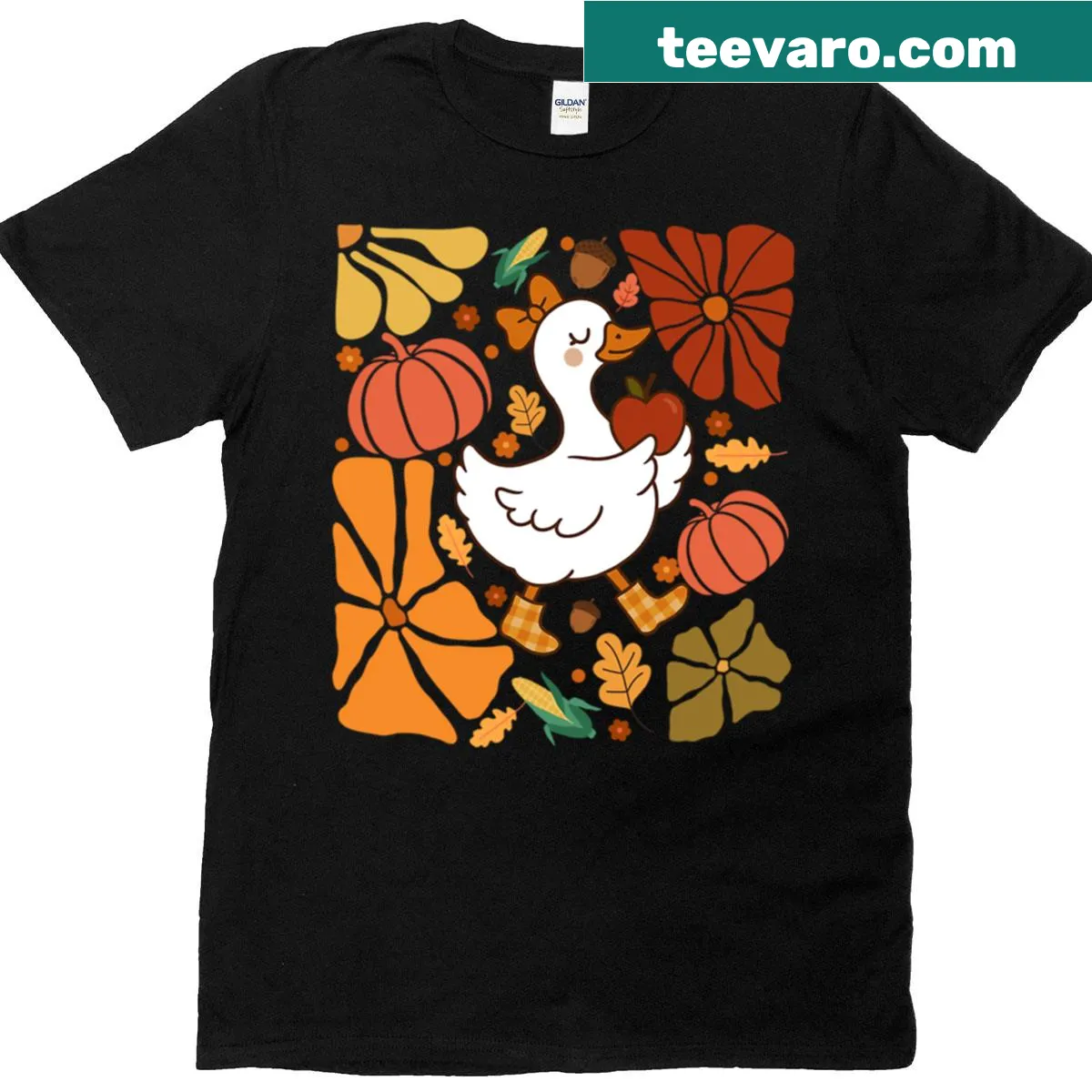 Cartoon goose in autumn leaves with bohemian design — on a men's t-shirt